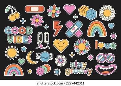 Retro 70s hippie stickers, groovy elements. Cartoon funky flowers, rainbow, vintage hippy style element vector set. Stock vector graphics. flowers, rainbow, heart, emotions. Colorful retro elements.