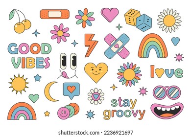 Retro 70s hippie stickers, groovy elements. Cartoon funky flowers, rainbow, vintage hippy style element vector set. Stock vector graphics. flowers, rainbow, heart, emotions