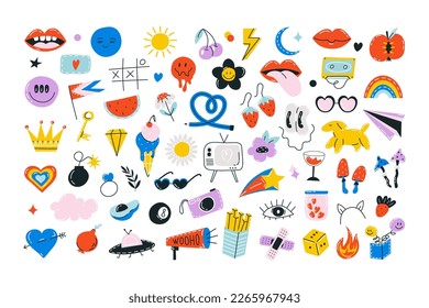 Retro 70s hippie stickers, groovy elements. Cartoon funky flowers, rainbow, vintage hippy style element vector set. Stock vector graphics. flowers, rainbow, heart, emotions