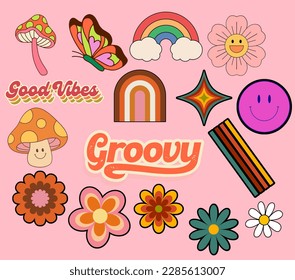 Retro 70s hippie stickers, groovy elements. Cartoon funky mushrooms, flowers, rainbow, vintage hippy style element vector set. butterfly and flowers