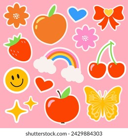 Pegatinas hippie retro de los años 70, elementos geniales. Caricatura arco iris, flores, manzana, mariposa, melocotón, chispa, cereza y corazones. Vector conjunto de pegatinas retro cool. Diseño plano. Parches, etiquetas, etiquetas, sellos