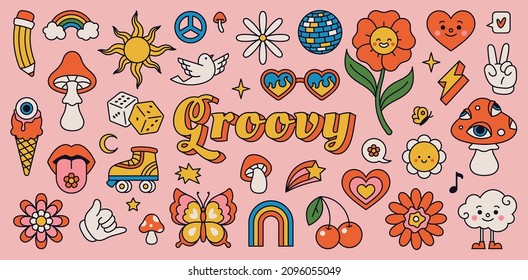 Retro 70s hippie stickers, psychedelic groovy elements. Cartoon funky mushrooms, flowers, rainbow, vintage hippy style element vector set. Decorative disco ball, flying dove and cherries - Shutterstock ID 2096055049