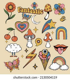 Retro 70s hippie stickers, psychedelic groovy elements. Cartoon funky mushrooms, flowers, rainbow, vintage hippy style element vector set. Decorative disco ball, flying dove and cherries