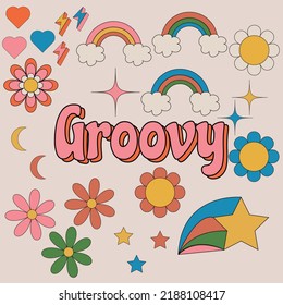 Retro 70s hippie stickers, psychedelic groovy elements. Cartoon funky mushrooms, flowers, rainbow, vintage hippy style element vector set. Decorative disco ball, flying dove and cherries