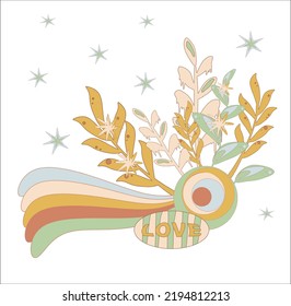 Retro 70s hippie stickers, psychedelic groovy elements. Cartoon funky flowers, vintage hippy style element vector set. Grow positive thoughts. Good vibes pharase. Boho. Retro 60s Hippie Groovy 1970s. 