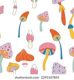 Retro 70s hippie stickers, psychedelic groovy elements. Cartoon funky mushrooms, flowers, rainbow, vintage hippy style element vector set. Funny groovy set