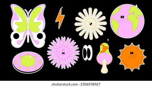 Retro 70s hippie stickers, psychedelic groovy elements. Cartoon funky mushrooms, flowers, butterfly, flying saucer. Vintage hippy style element vector set. 