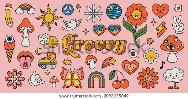 Retro 70s hippie stickers, psychedelic groovy\
elements. Cartoon funky mushrooms, flowers, rainbow, vintage hippy\
style element vector set. Decorative disco ball, flying dove and\
cherries