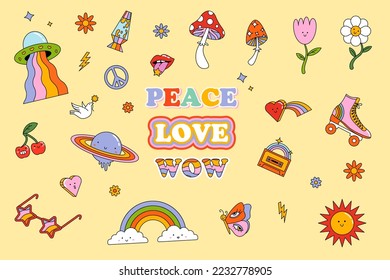 Retro 70s hippie stickers set elements. Flowers, rainbow, inscriptions, world, planet, dove, cassette, UFO psychedelic groovy elements. Retro inscription peace, love, wow.
