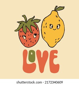 Retro 70s hippie strawberry and lemon illustratoin. Psychedelic groovy style
