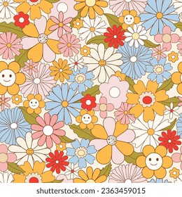 Retro 70s hippie vibrant seamless pattern with groovy flowers. Vintage character daisy flowers. Vector surface design for invitation, wrapping paper, packaging etc.