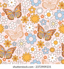 Retro 70s hippie vibrant seamless pattern with groovy flowers and butterflies. Vintage vector surface design for invitation, wrapping paper, packaging etc.