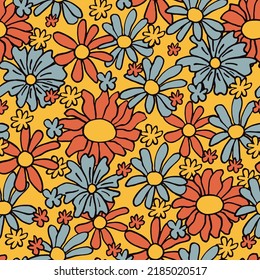 Retro 70s hippie vibrant summer seamless pattern. Floral print.