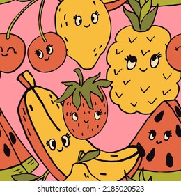 Retro 70s hippie vibrant summer seamless pattern. Fruit print.