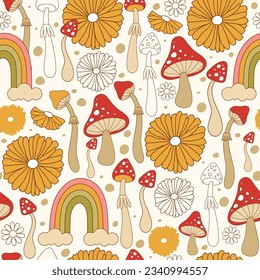 Verano retro 70, vibrante e hippie, sin fisuras, con hongos gruesos, flores y arcoiris. Diseño de superficie vectorial de alucinógeno para invitación, papel de embalaje, embalaje, etc.