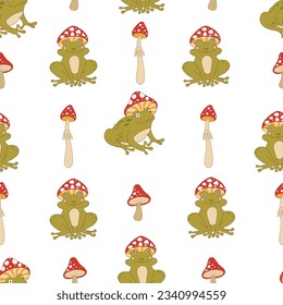 Retro 70s hippie vibrant summer seamless pattern with groovy frog and mushrooms. Forest garden vector surface design for invitation, wrapping paper, packaging etc.