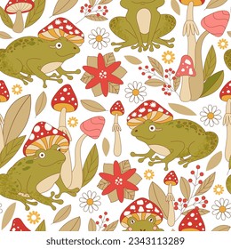 Retro 70s hippie vibrant summer seamless pattern with groovy frog, mushrooms, flowers and leaves. Forest garden vector surface design for invitation, wrapping paper, packaging etc.