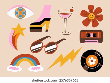 Retro 70s Icon Disco and Vintage Vibes. A fun collection of retro 70s-themed icons featuring disco balls, platform shoes, cassette tapes, rainbows, and other vintage-inspired elements