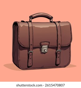 Retro 70s leather briefcase, vector style, scene decoration, icon, design element.