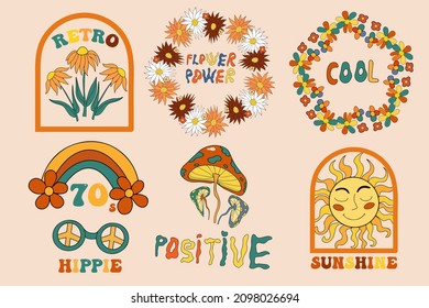 Retro 70s lettering and frames set for your design. Hippie groovy psychedelic design elements. Vector illustration