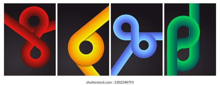 Retro 70s Lines Backgrounds Set. Trendy Minimalistic Vintage 1970s striped design poster. Groovy Old-fashioned rainbow color artwork template collection.