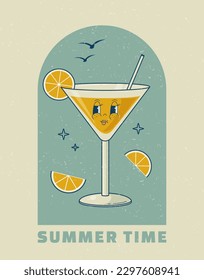 Retro 70s martini coctail poster in cartoon style. Nostalgia 1970s, 80s. Summer time. Groovy alcohol glass character. Vintage drink vector illustration