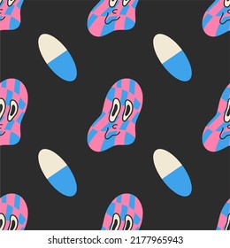 Retro 70s melting emoji and pills, seamless pattern, illustration for print. Psychedelic style, flat design, cartoon.