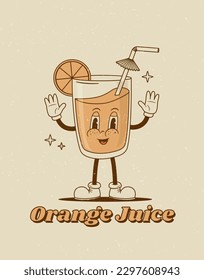 Retro 70s orange juice glass character in cartoon style. Nostalgia 60s, 80s. Groovy coctail mascot. Vector illustration. Vintage poster, sticker, social media design