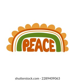 Retro 70s phrase Peace. Groovy flower. Floral hippie summer design. Hipster lettering element for T-shirt, posters, cards. Positive slogan retro 60s style isolated graphic print. Vector illustration