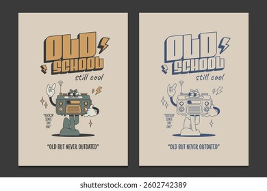 retro 70s poster with classic radio cartoon character, vector illustration