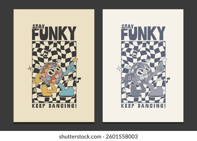 retro 70s poster with disco ball cartoon character, vector illustration