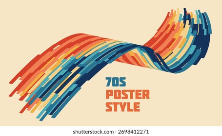 Cartaz retro 70s com listras curvas dinâmicas. Groovy fundo abstrato colorido em laranja, amarelo, vermelho, azul e azul. Vintage design vetor para decoração nostálgica, impressão e arte de cartaz
