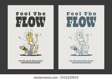 retro 70s poster featuring funny cartoon characters like a flower, bee, snake and mushroom, vector illustration