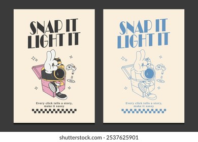 retro 70s poster with a funky cartoon character of a camera, vector illustration