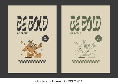 retro 70s poster with a funky cartoon orange character, vector illustartion