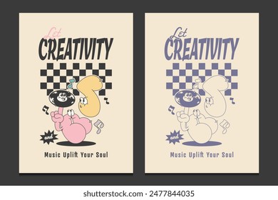 retro 70s poster or graphic t-shirt design with cute mascot cartoon character, vector illustration