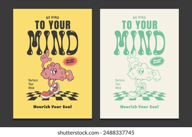 retro 70s poster or graphic t-shirt design with brain cartoon character, vector illustration