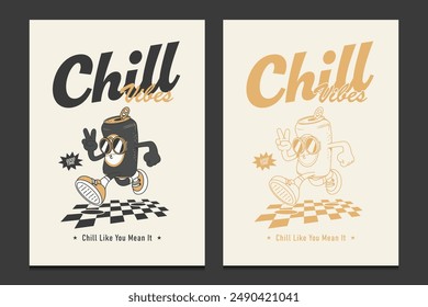 retro 70s poster or graphic t-shirt design with a cartoon character mascot of a canned drink, vector illustration