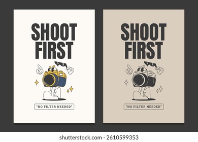 retro 70s poster with a playful cartoon camera character, vector illustration