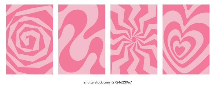 Cartel retro de los años 70 con rayos solares ondulados, rosa, corazón groovy, Formas geométricas, patrón psicodélico. Plantillas de diseño de Vector para el día de San Valentín, 8 de marzo, 14 de febrero o invitaciones de boda

