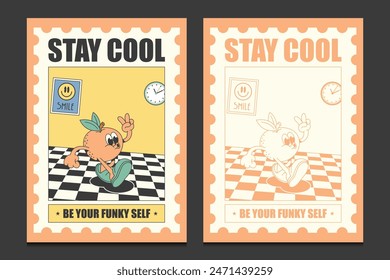 retro 70s posters with a cute orange fruit cartoon mascot character, vector illustration