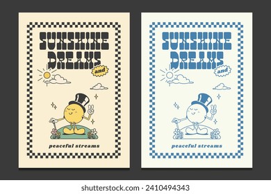 retro 70s posters with a cute vintage cartoon character, vector illustration