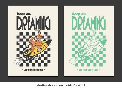 retro 70s posters featuring adorable cartoon characters of basketballs and space rockets, vector illustration