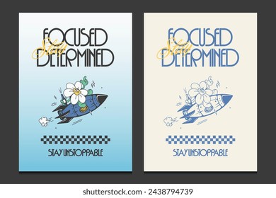 retro 70s posters featuring a cartoon flower riding a space rocket, vector illustration