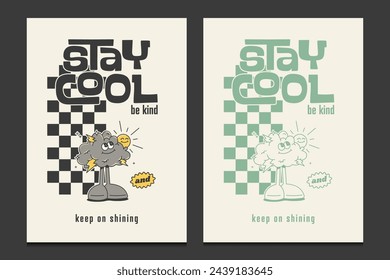 retro 70s posters featuring cute cartoon clouds and sun, vector illustration