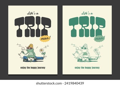 retro 70s posters with funky frog cartoon characters, vector illustration