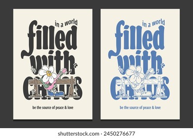 retro 70s posters or graphic t shirt designs with cartoon characters of flowers playing the guitar, vector illustration