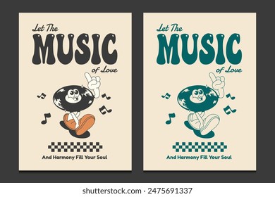 retro 70s posters or graphic t-shirt design with vinyl record mascot cartoon character, vector illustration