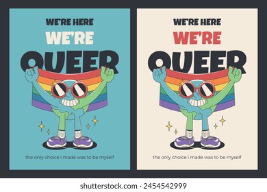 Retro 70s posters for Pride month celebration. Earth holds Traditional Pride flag. Vector illustrations in groovy style.