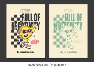 retro 70s posters with retro sun cartoon character, vector illustration